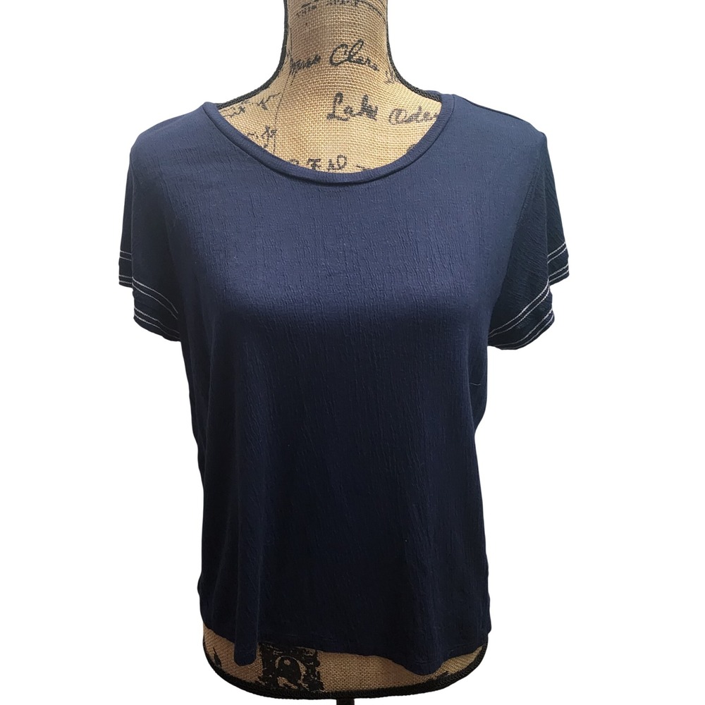 Navy Blue Textured Crew Neck Short Sleeve Top Women Basic Medium